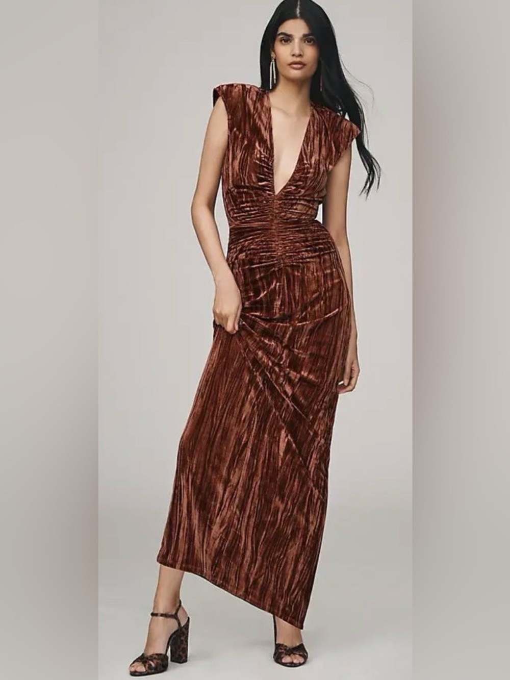 RONNY KOBO NWT Hayley Caramel Deep Plunge V-Neck Velvet Maxi Dress Women SZ L